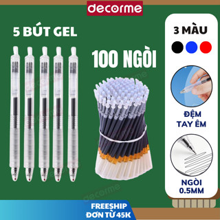 5 Bút Gel + 100 Ngòi Bút gel bấm basic mực đen xanh đỏ ngòi 0.5mm DecorMe viết cực trơn mượt mực khô nhanh
