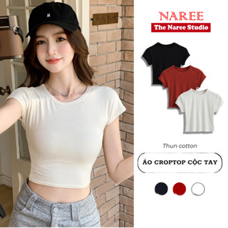 Áo Croptop Cộc Tay Nữ Cổ Tròn NAREE Trơn Basic, Áo Thun Cotton Tôn Da Dáng Ôm Eo Co Giãn Body 390M