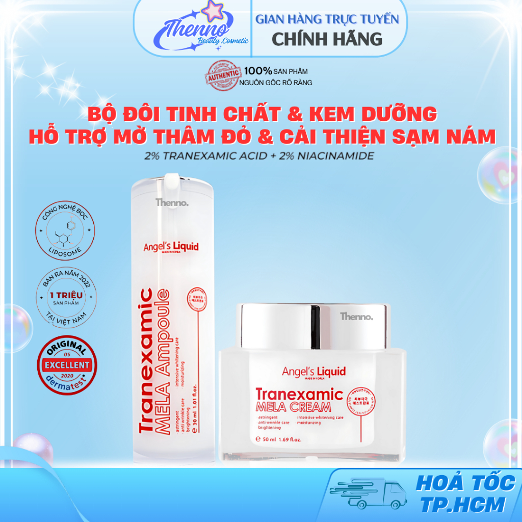 Bộ Sản Phẩm Giảm Thâm Đỏ Mờ Sạm Nám Chuyên Sâu Angel's Liquid Tranexamic Mela Ampoule & Cream (Trắng