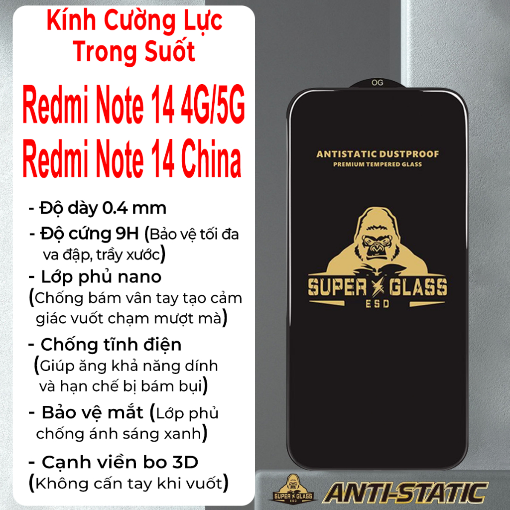 Kính cường lực Redmi Note 14 4G/5G, kính kingkong full màn, tặng kèm bộ giấy lau