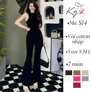 Set bộ áo sát nách cổ lọ và quần dài ống loe Kvy S14 chất cotton mịn co giãn thích hợp mặc đi tiệc đi làm đi chơi