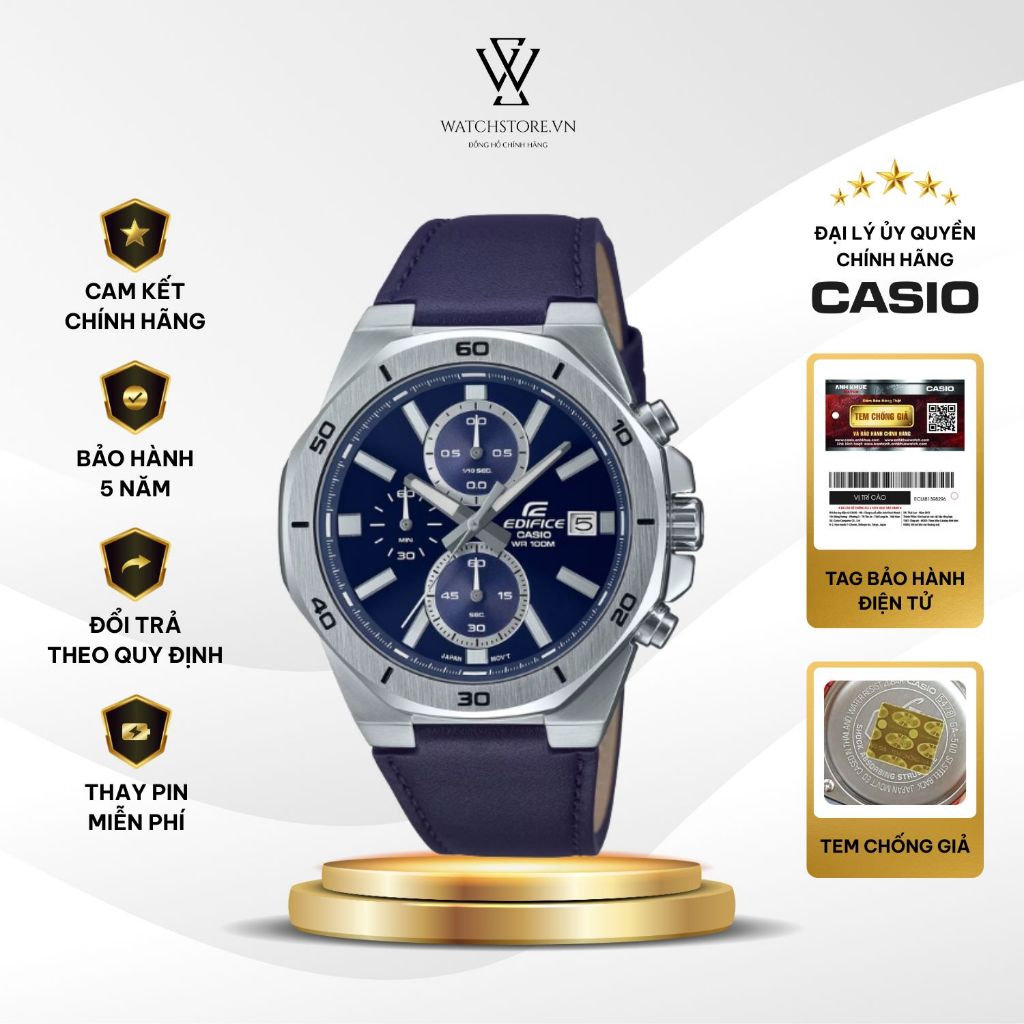 Đồng Hồ Casio Edifice Nam EFV-640L-2AVUDF Mặt Xanh 6 Kim Mặt Kính Khoáng 44.3mm Chống Nước Dây Da Ch