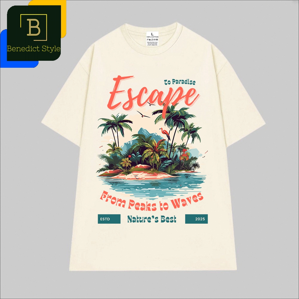 Cao cấp Áo thun oversize tay lỡ unisex hòn đảo giữa biển Escape to Paradise From Peaks to Waves Natu
