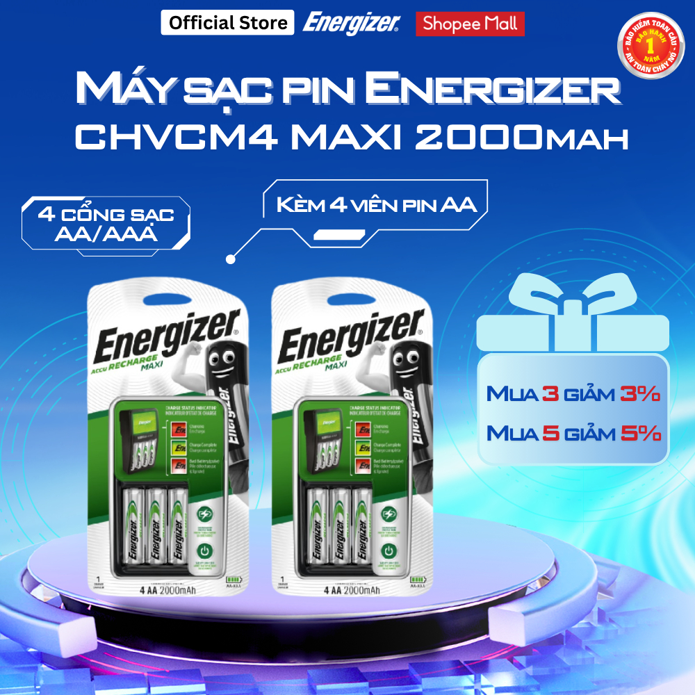 Máy sạc pin tiểu Energizer CHVCM4 MAXI - Có 4 cổng sạc AA-AAA, kèm 4 viên pin sạc AA 2000mAh - Bảo hành 30 ngày, 1 đổi 1