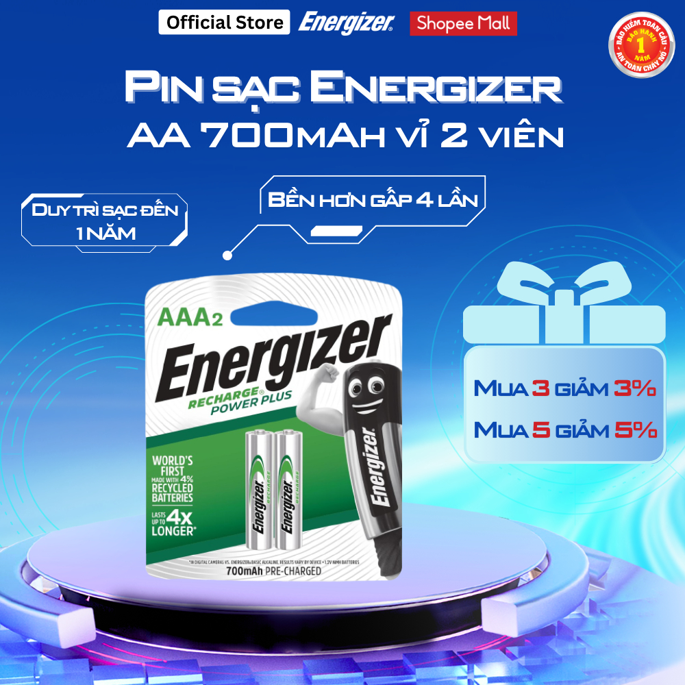 Pin sạc Energizer  Powerplus AAA 700mAh NH12 RP2 - vỉ 2 viên  - Hàng chính hãng
