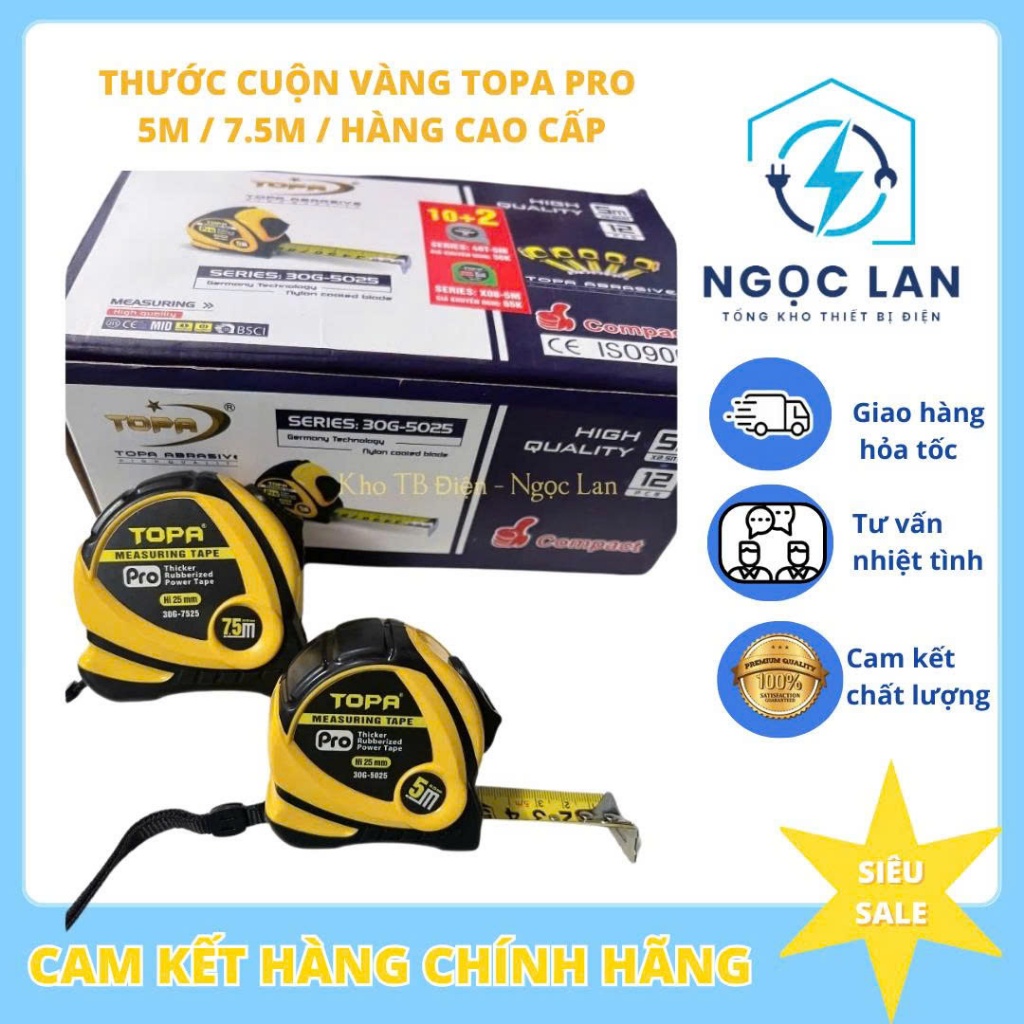 Thước cuộn thép nền vàng TOPA PRO 5M / 7.5M bản 2.5f dây cuộn tự động, bọc cao su chống va đập