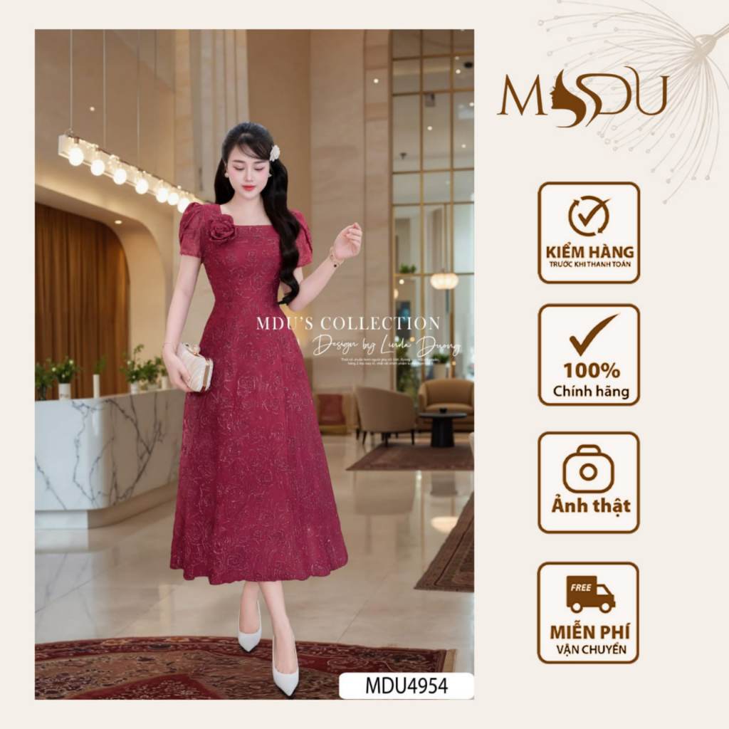 Váy Tiểu Thư MDU4954 Linen Kim Tuyến Hoa Thêu Nổi Cổ Vuông Hoa 3D Duyên Dáng Từ MDU