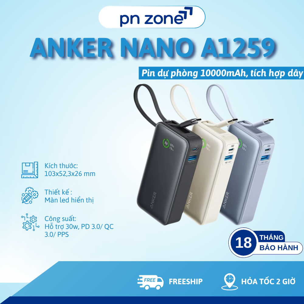 Sạc Dự Phòng Anker Nano A1259 10000mAh 30W -  Bảo Hành 18 Tháng.