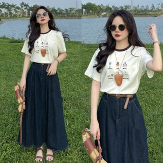 [Tặng Kèm Đai]: Set Áo Thun Trắng In Hình Họa Sắc Nét Mix Chân Váy Bò Giấy Dáng Xòe Midi (Ảnh Thật Trải Sàn) Lollaye