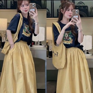 [Tặng Túi Tote]: Set Áo Phông Xanh Than Hình Gấu Mix Chân Váy Thô Xòe Bồng 2 Lớp Có Túi Hông Tiện Lợi (Kèm Ảnh Thật)