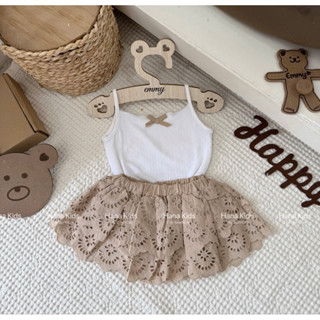 [Chỉ Bán Loại 1] Set áo hai dây trắng đính nơ + quần váy ren xoè tầng tone nâu hàn siêu xinh