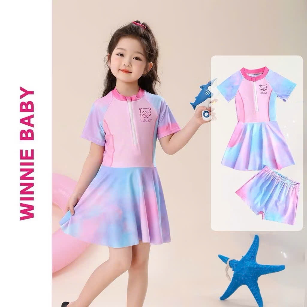 Bộ Đồ Bơi BÉ GÁI, Váy Bơi Quần Rời Gấu Lucky, Bikini Có Quần Bảo Hộ, Đồ Đi Biển Dễ Thương Cho Bé Gái