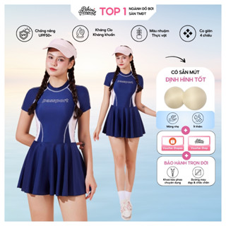 Bộ đồ bơi Nữ BIKINI PASSPORT kiểu Một mảnh váy tay ngắn Logo - Xanh Xám - BS1031_NV