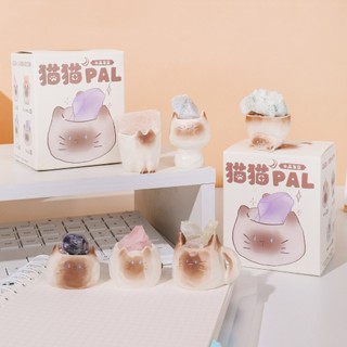 BLIND BOX mô hình tượng mèo nâu với đá pha lê độc đáo