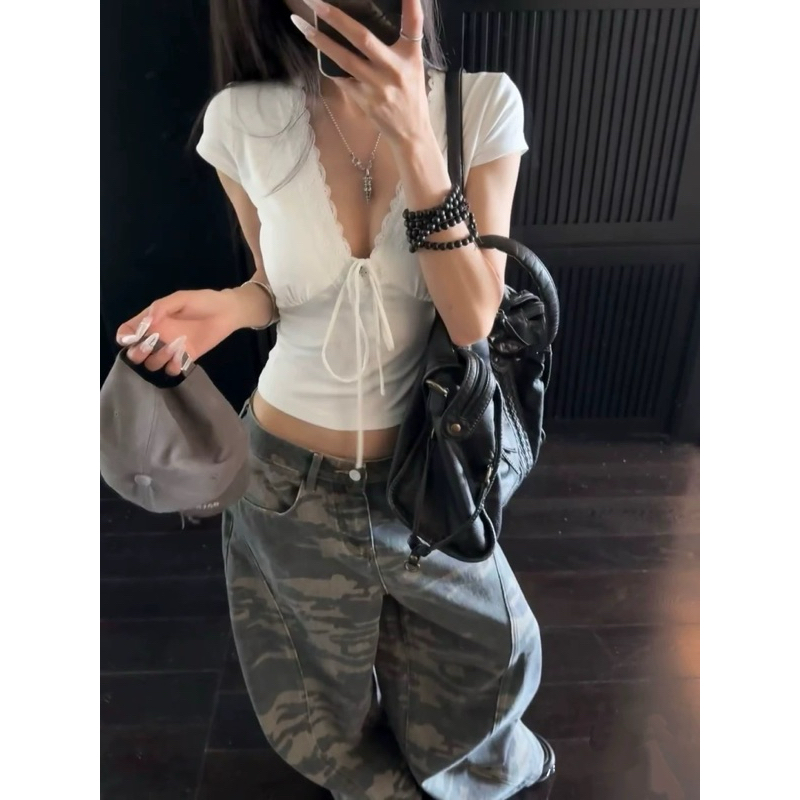 Áo thun nữ ôm body cổ ren cột dây ngực TABISHOP Áo kiểu nữ phong cách sexy mặc hè đi chơi(158) | BigBuy360 - bigbuy360.vn