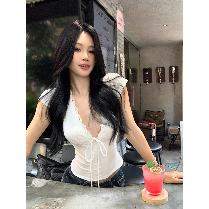 Áo thun nữ ôm body cổ ren cột dây ngực TABISHOP Áo kiểu nữ phong cách sexy mặc hè đi chơi(158) | BigBuy360 - bigbuy360.vn