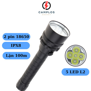 Đèn pin lặn biển 2000 lumen đèn bin cầm tay siêu sáng 5 led XML2 2 pin 18650 1 chế độ sáng vỏ nhôm chống nước