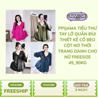 Pijama tiểu thư tay lỡ quần đùi thiết kế cổ bèo cột nơ chất lụa latin thời trang dành cho nữ freesize 45-90kg-PJ014