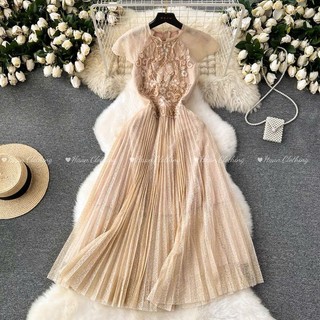  HA5900  Order  Đầm Dự Tiệc Nữ Ren Cao Cấp Xòe Dài Xếp Ly Tay Cánh Tiên Thiết Kế Tôn Dáng Mặc Đám Cưới Sự Kiệ 