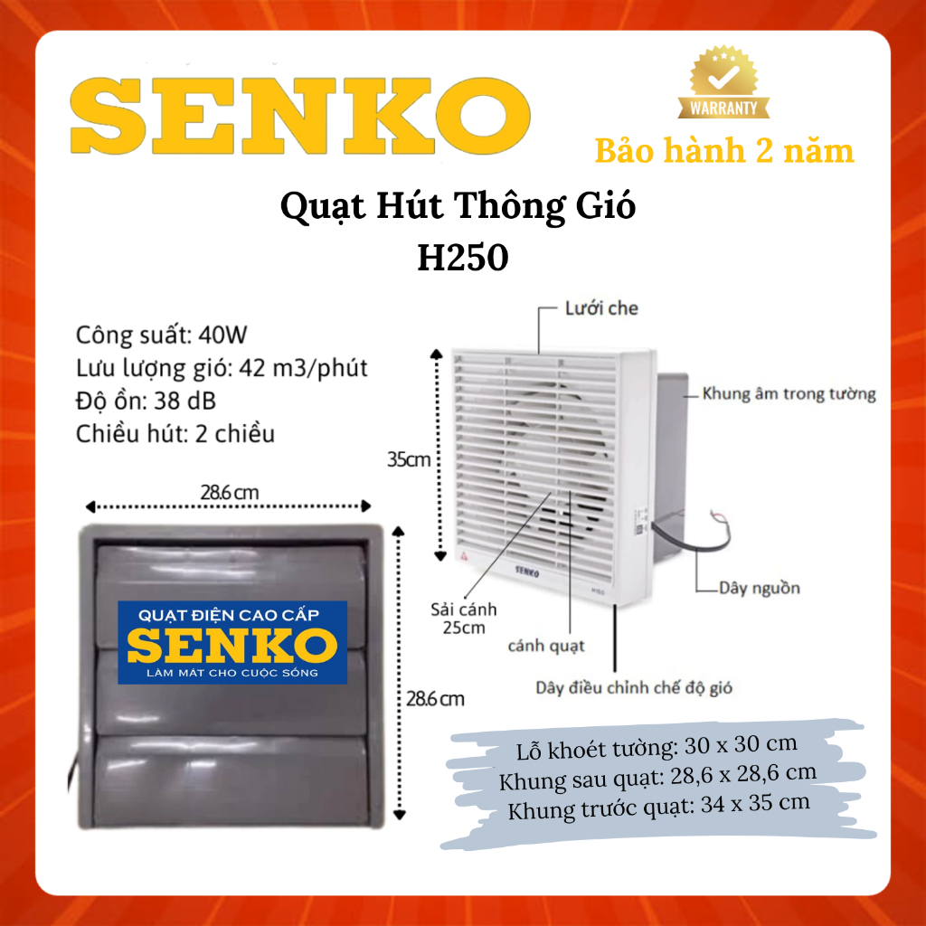 Quạt Hút Thông Gió Âm Tường Senko H250 / H200 / H150 / H100 - Hàng Chính Hãng - Bảo Hành 24 Tháng | BigBuy360 - bigbuy360.vn
