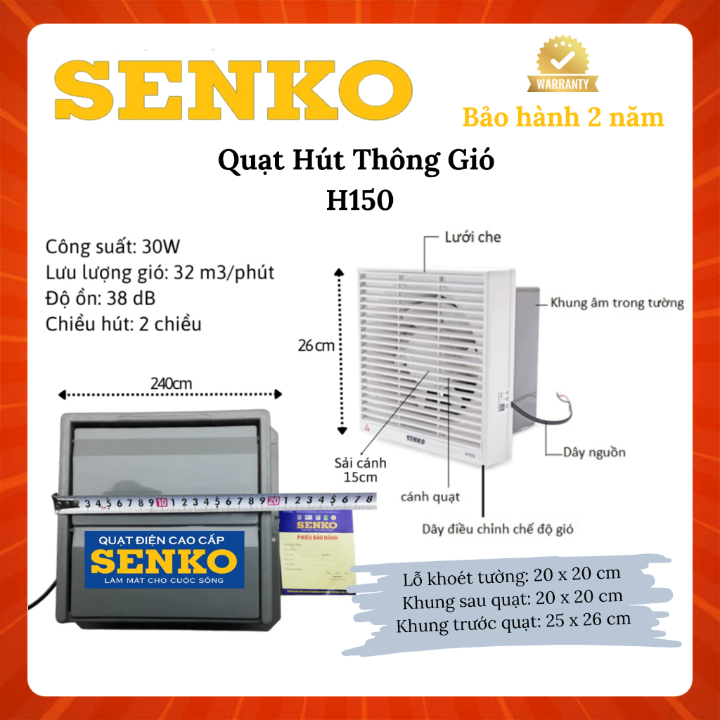 Quạt Hút Thông Gió Âm Tường Senko H250 / H200 / H150 / H100 - Hàng Chính Hãng - Bảo Hành 24 Tháng | BigBuy360 - bigbuy360.vn