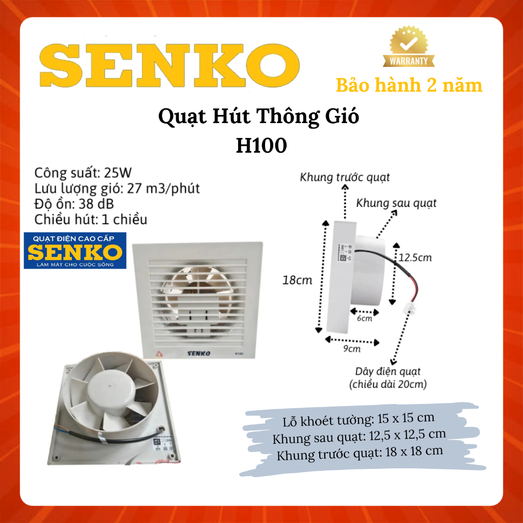 Quạt Hút Thông Gió Âm Tường Senko H250 / H200 / H150 / H100 - Hàng Chính Hãng - Bảo Hành 24 Tháng | BigBuy360 - bigbuy360.vn