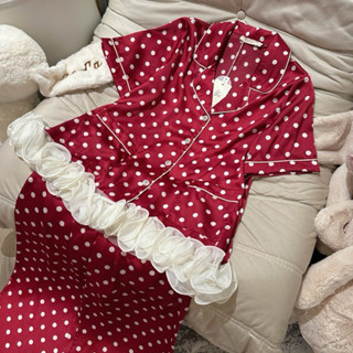 Bộ ngủ mặc nhà pijama  tiểu thư  lụa  lyly tay ngắn Quảng Châu cao cấp bi đỏ