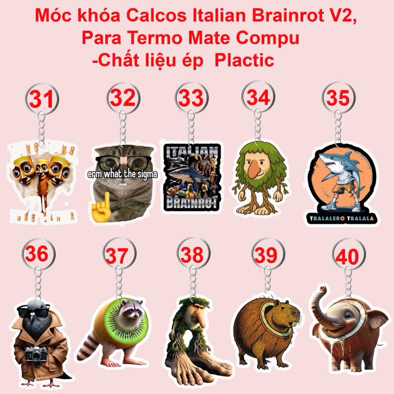 Móc khóa meme italian brainrot 3 cái khác nhau/ móc treo Calcos Italian Brainrot V2