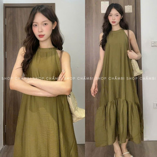 Váy nữ dáng dài V.184, Váy cổ yếm đuôi cá xòe nhẹ buộc nơ sau lưng chất đũi mềm mát mẻ kèm lót trong - Shop Chấm Bi