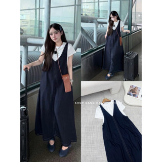 Váy suông  [ 132cm Cam kết hàng chuẩn  Loại 1  ] gồm 1 áo cộc trắng cottong giấy và yếm bò lụa dáng maxi