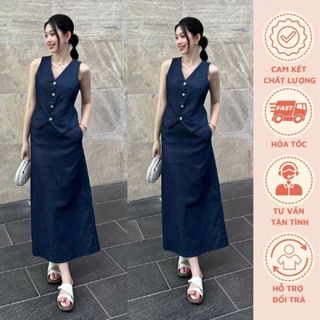  Set đồ nữ sét Denim áo gile mix chân váy suông dáng dài xẻ sau có túi phong cách Hàn Quốc siêu xinh 