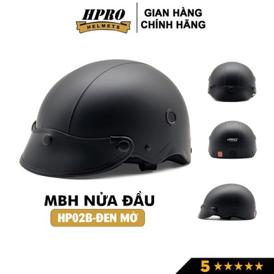 Mũ bảo hiểm nửa đầu Hpro helmet, kiểu dáng thời trang, màu đen mờ cá tính mạnh mẽ, Freesize(52-56cm)