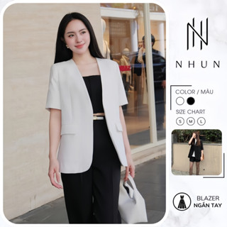 Áo blazer ngắn tay NhunFashion Áo vest nữ khoác ngoài tay lỡ cổ nhọn không nút có đệm vai hàng 2 lớp đứng form N144