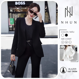  Áo blazer nữ dài tay vạt tròn NhunFashion Áo vest nữ khoác ngoài thiết kế cổ tròn form suông hàng 2 lớp có đệm vai N136 
