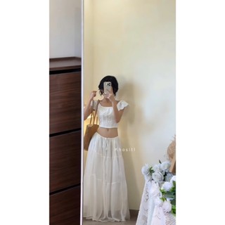 |Khositl| set áo crop ren hoa trắng bèo + chân váy midi xòe