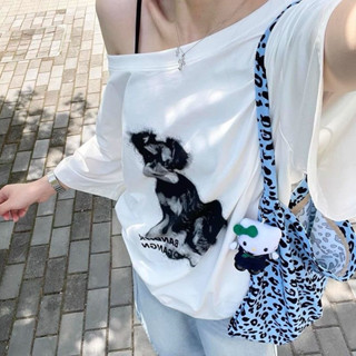 [ẢNH THẬT] SẴN Áo thun trễ lệch vai màu trắng in hình cún con cổ tròn dáng rộng ulzzang nữ sinh vải mát mùa hè y2k