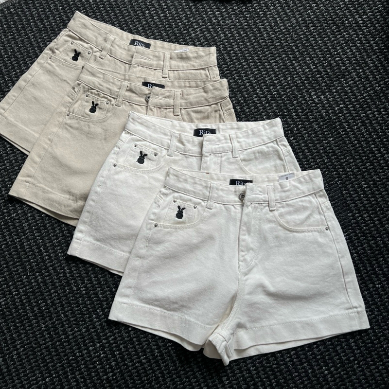 Quần short jean kaki nữ lưng cao không giãn thêu thỏ lai cuốn a59
