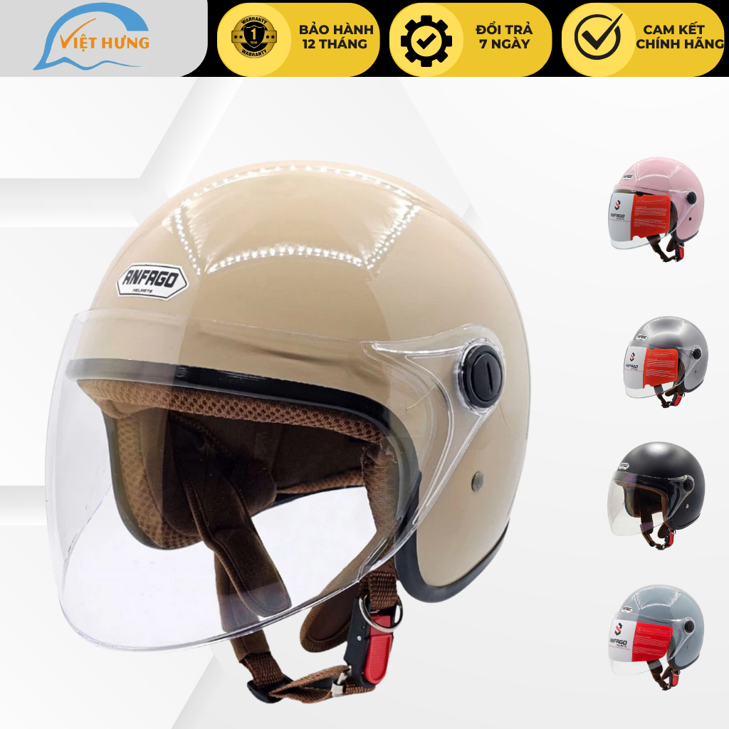 Mũ bảo hiêm trùm đầu kính chống lóa Nón bảo hiểm 3/4 nam nữ hàng chính hãng Anfago Helmet bảo hành 1