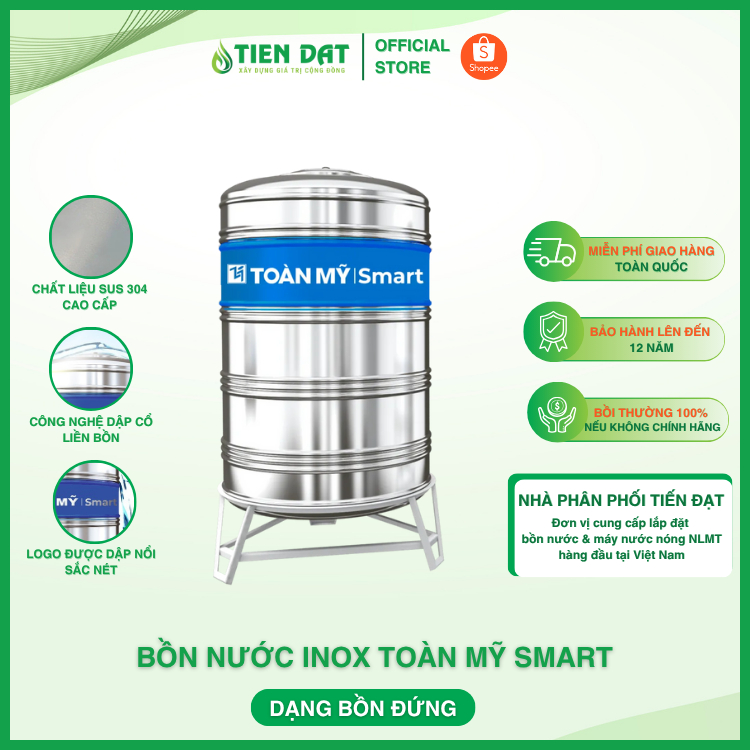 Bồn nước inox Toàn Mỹ Smart 500L đứng