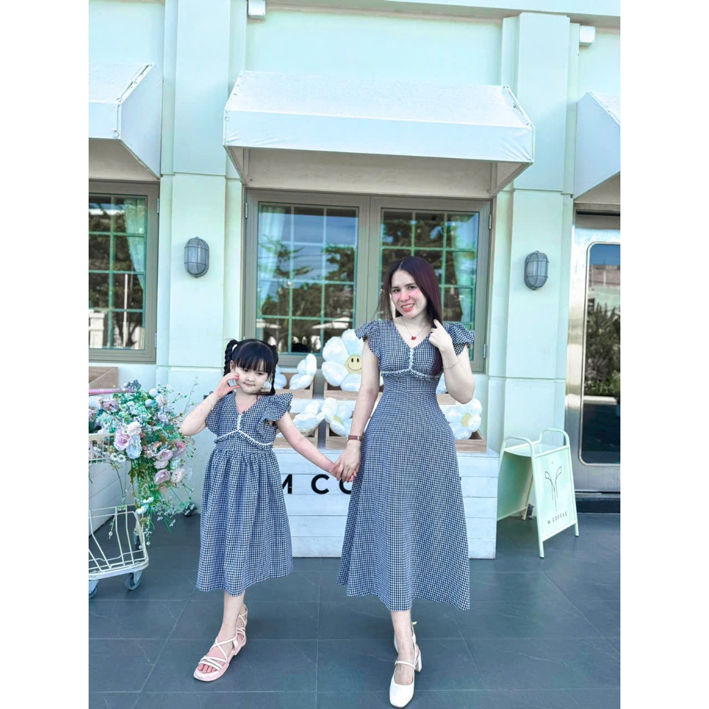 Váy Đôi Mẹ Và Bé Gái Bnstyle Caro Đen Phối Ren Trước 25 MB03