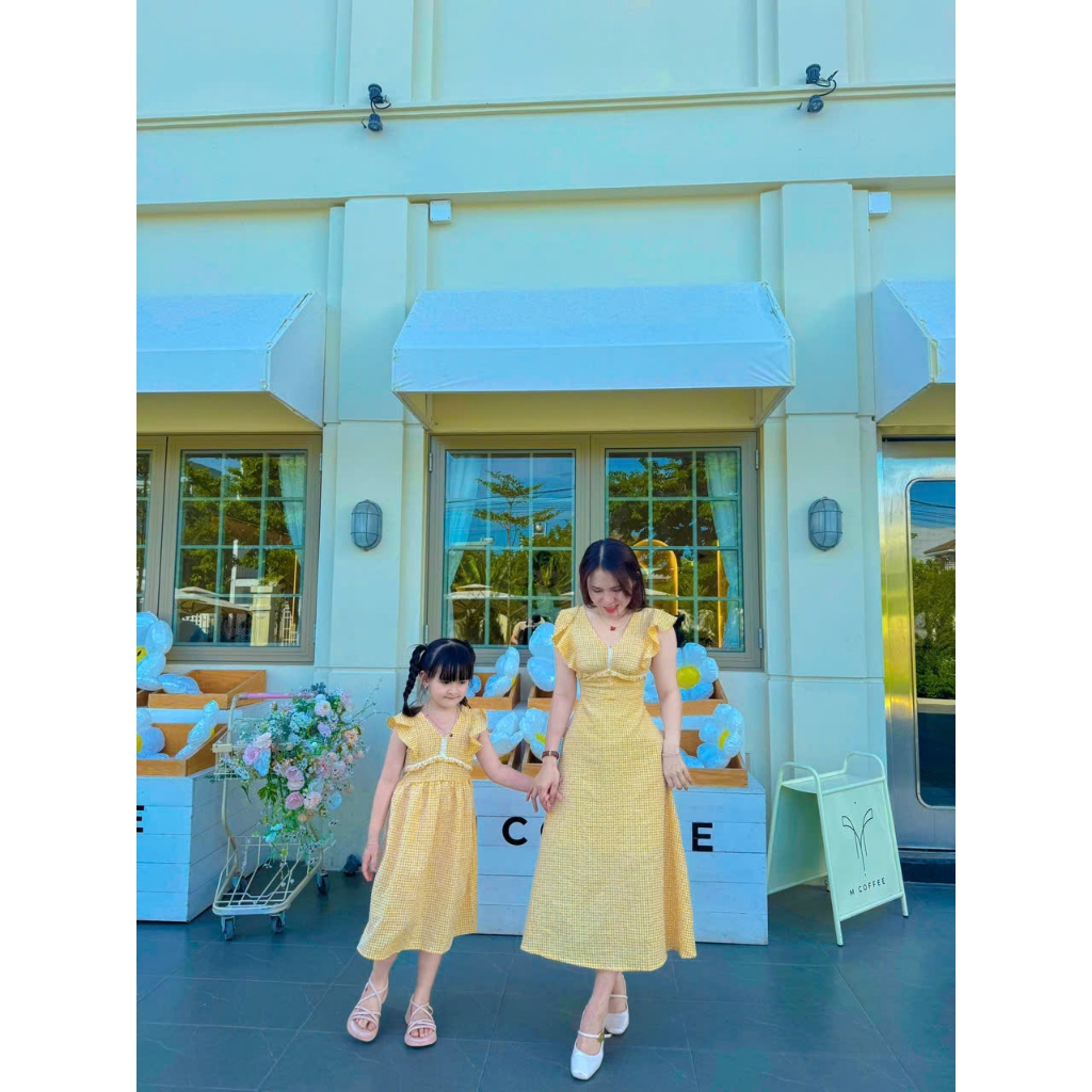 Váy Đôi Mẹ Và Bé Gái Bnstyle Caro Vàng Nhí Ren 25 mb02