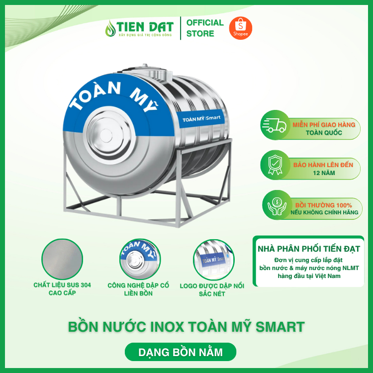 Bồn nước inox Toàn Mỹ Smart 500L nằm