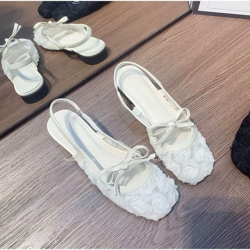 Giày bệt quai hậu thêu hoạ tiết Hoa Hồng- Vt825-1- Giày Slingback lưới thêu ren gắn nơ xinh xắn