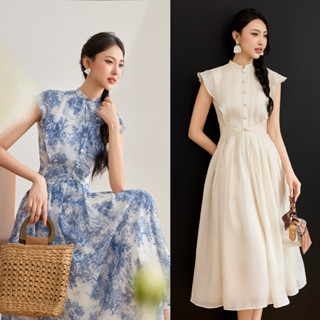váy tơ cổ trụ xếp li eo Vanessa dress thanh lịch tôn dáng HOIVU