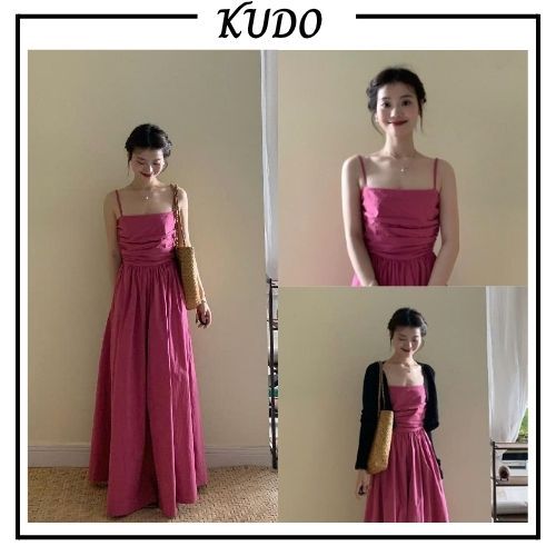 Đầm maxi nữ 2 dây hồng lưng chun dáng dài form xòe tôn dáng váy maxi thô lụa mềm kèm áo khoác cardigan tiểu thư KUDOSHOP