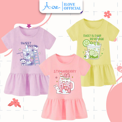 [MỚI] Váy ĐUÔI CÁ cộc tay cho bé gái AORE, Váy in hình ĐỒ UỐNG đáng yêu, chất cotton thoáng mát bé mặc hè 8-35kg