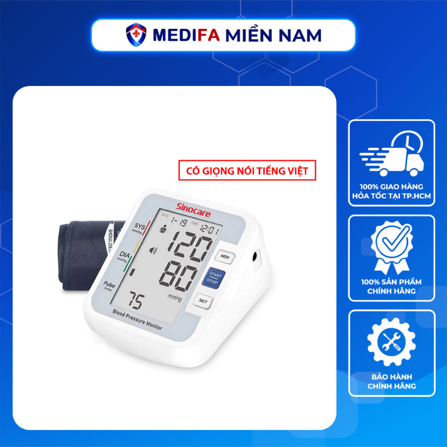 Máy Đo Huyết Áp Sinocare BA801 Cho Kết Quả Nhanh, Chính Xác, Có Giọng Nói Tiếng Việt, Bảo Hành 3 Năm