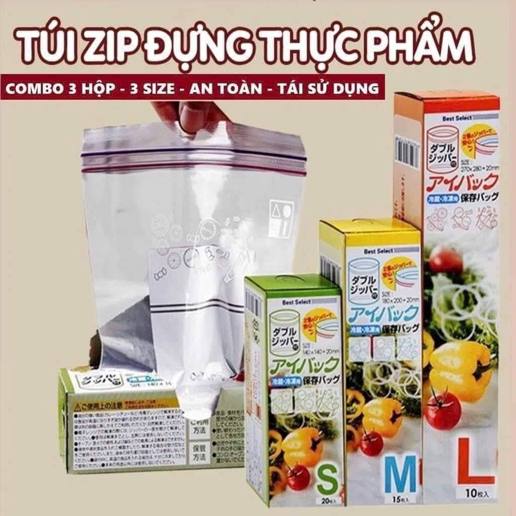 Combo 3 túi zip đựng đồ ăn bảo quản thực phẩm tươi mới túi zip tủ lạnh tái sử dụng size S M L