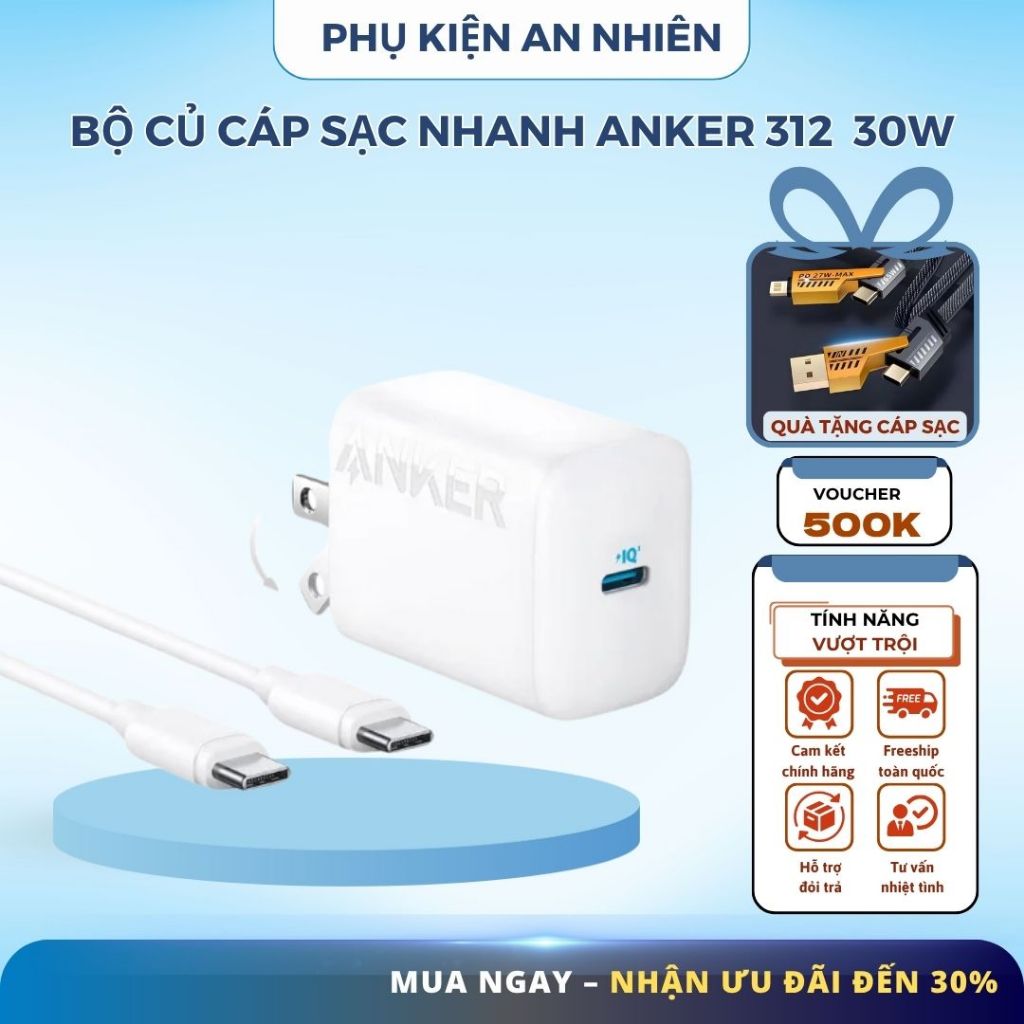 Bộ Sạc Nhanh Anker 312 30W kèm Cáp TyPe C To - TyPe C dài 0.9m - B2640