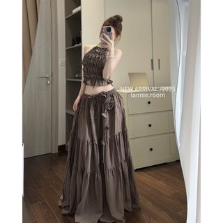 LYNCHIC-áo yếm nâu trắng chun croptop mix chân váy ngãng 3 dáng maxi thiết kế tự may lại đính đai hoa lannie room baephu